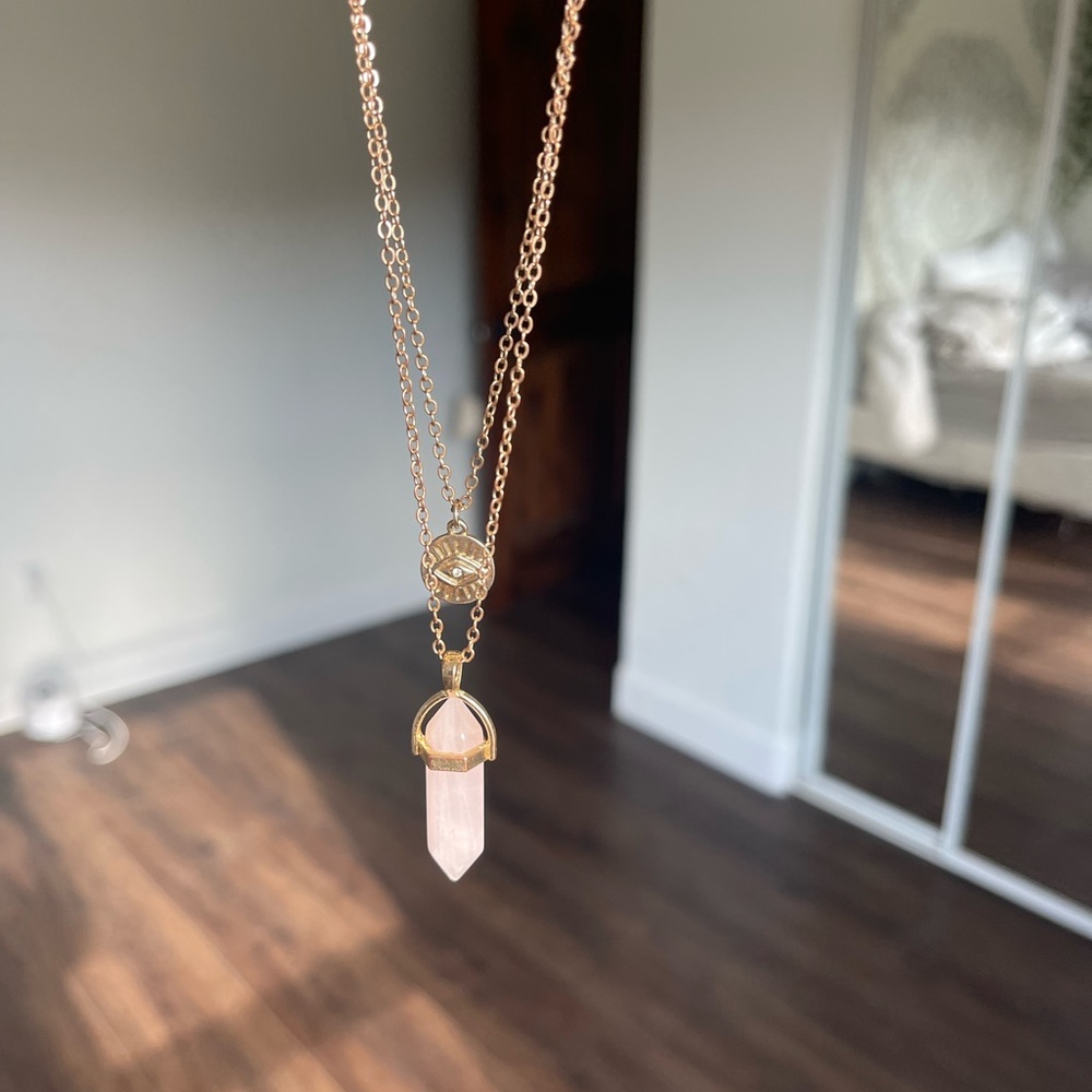 Rose quartz gold layered necklace
